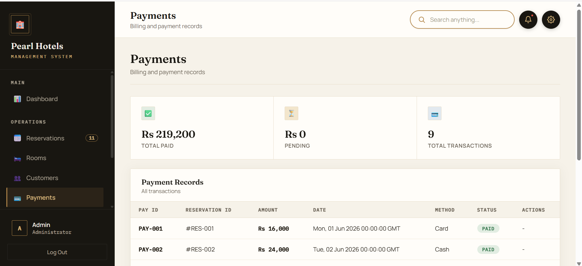 Payments screen with billing records and totals