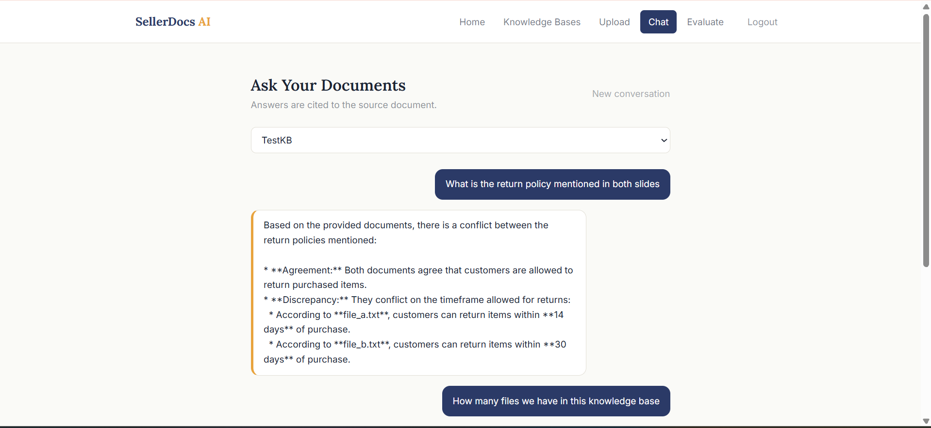 Chat interface answering a question with a flagged document conflict