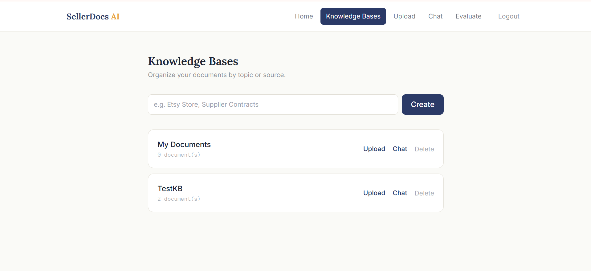 Knowledge bases list for organizing documents by topic
