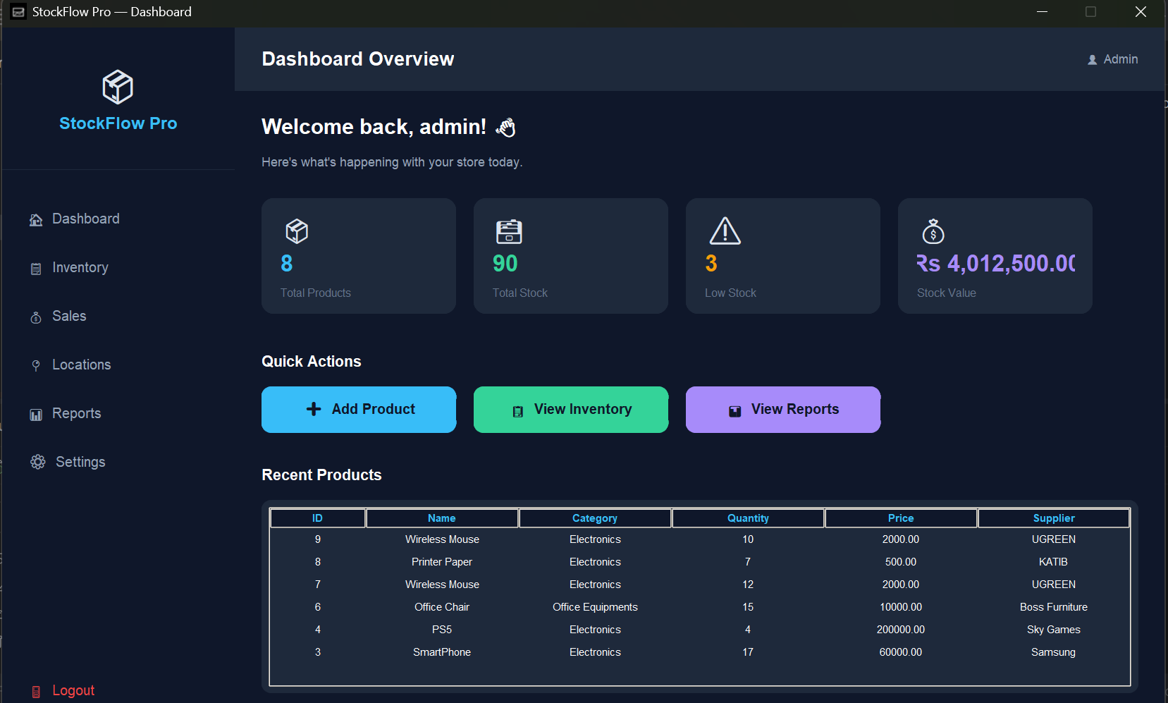 StockFlow Pro dashboard with stock value and quick actions