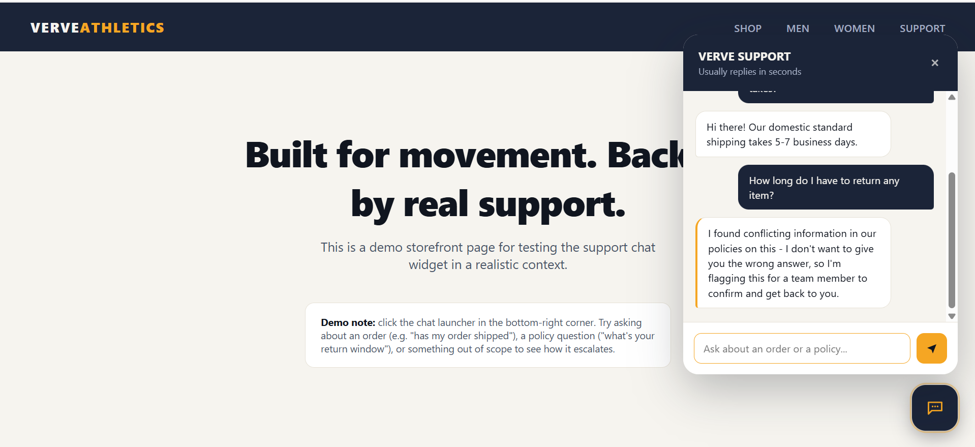 Chat widget catching a policy conflict on the demo storefront