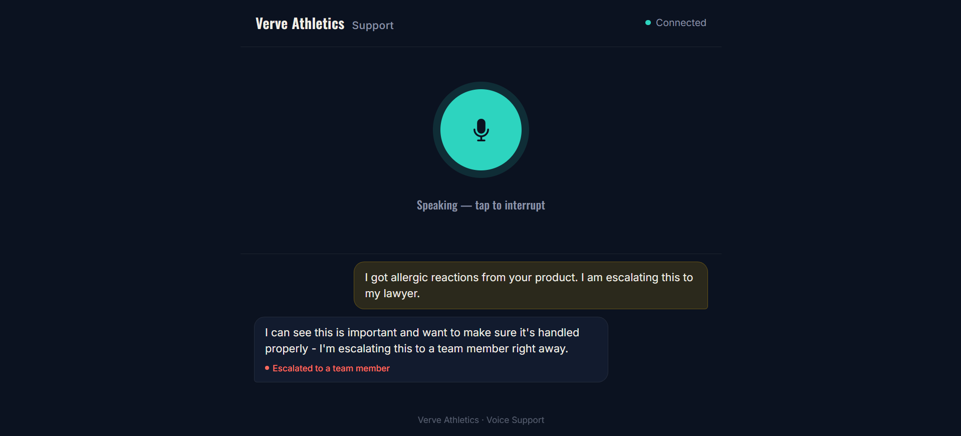 Agent escalating a legal-sounding complaint to a human team member