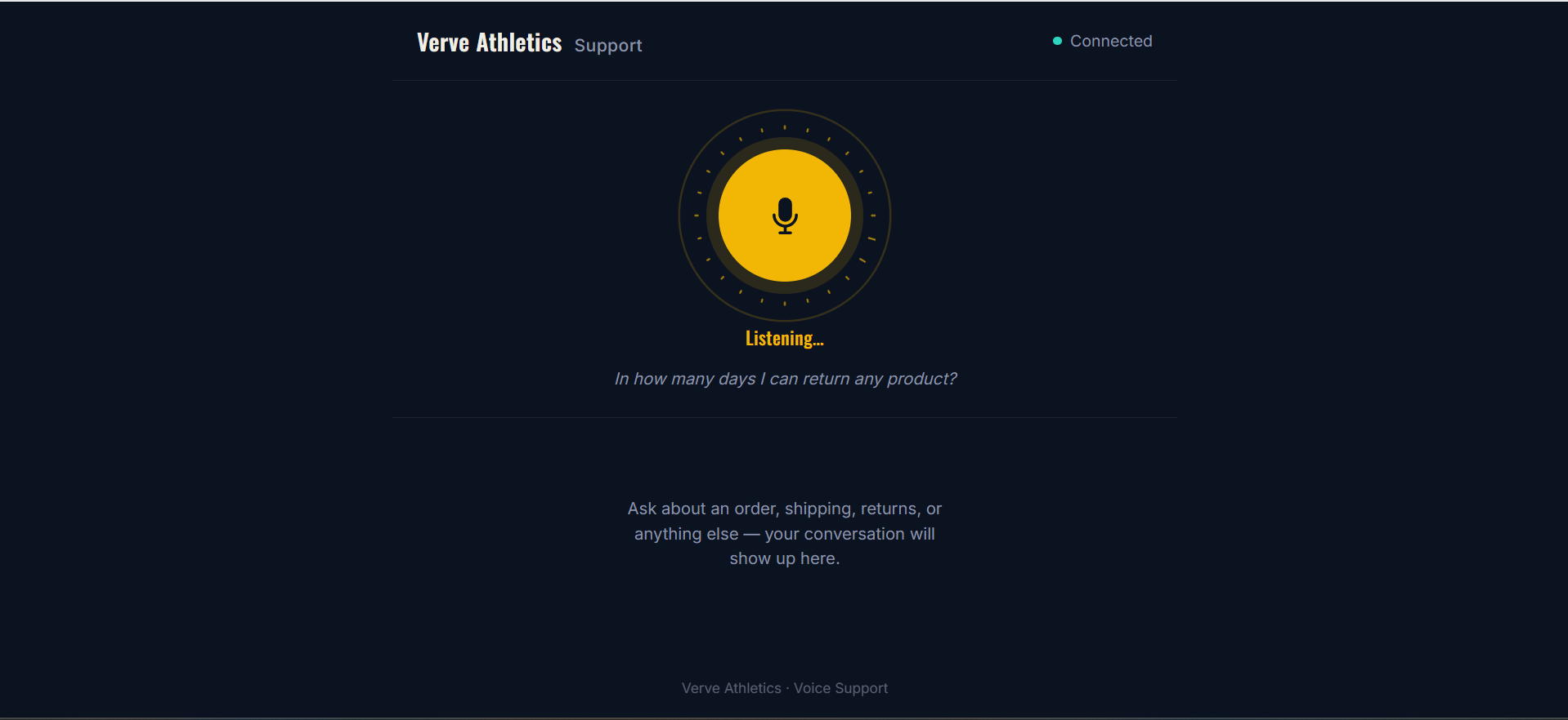 Listening state with live transcript of the customer's question
